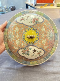 A Chinese famille rose pink-ground 'kamcheng' bowl and cover for the Straits or Peranakan market, on a wooden stand, 19th C.