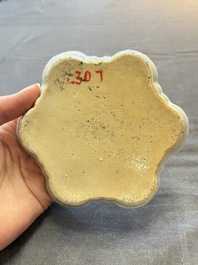 A Chinese famille rose 'card-players' plate, a pattipan and a grisaille saucer, Qianlong