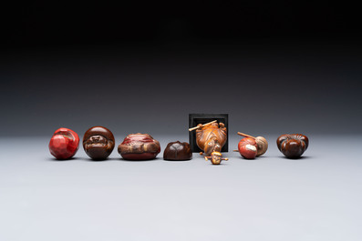 Two Japanese lacquer inro, a pipe and seven netsuke, some signed, Edo/Meiji, 18/19th C.