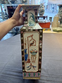 A pair of Chinese famille rose relief-moulded rectangular 'antiquities' vases, 19th C.