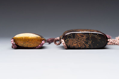 Two Japanese lacquer inro, a pipe and seven netsuke, some signed, Edo/Meiji, 18/19th C.