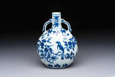 A rare Chinese blue and white 'magpie among flowering branches' moonflask, Yongzheng/Qianlong