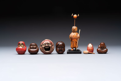Two Japanese lacquer inro, a pipe and seven netsuke, some signed, Edo/Meiji, 18/19th C.