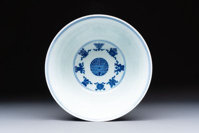 A Chinese blue and white 'Wan Shou Wu Jiang 萬壽無疆' bowl, Qianlong mark and of the period