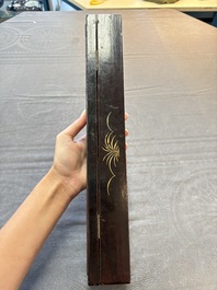 A Chinese Canton gilt-lacquered and painted paper fan with its original box, 19th C.