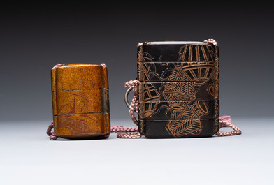 Two Japanese lacquer inro, a pipe and seven netsuke, some signed, Edo/Meiji, 18/19th C.