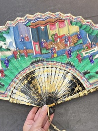 A Chinese Canton gilt-lacquered and painted paper fan with its original box, 19th C.
