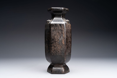 A rare Chinese hexagonal archaistic bronze vase with flame design, Song/Yuan