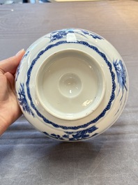 A pair of Chinese blue and white relief-border 'Lan Caihe' bowls, Kangxi