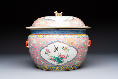 A Chinese famille rose pink-ground 'kamcheng' bowl and cover for the Straits or Peranakan market, on a wooden stand, 19th C.