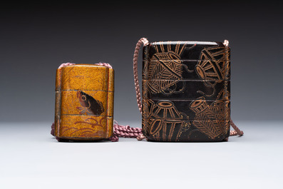 Two Japanese lacquer inro, a pipe and seven netsuke, some signed, Edo/Meiji, 18/19th C.