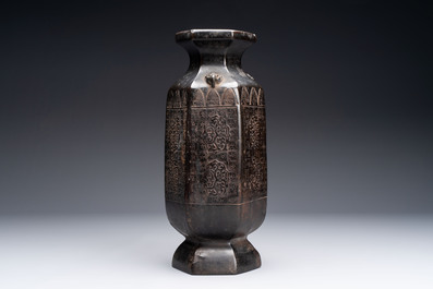 A rare Chinese hexagonal archaistic bronze vase with flame design, Song/Yuan