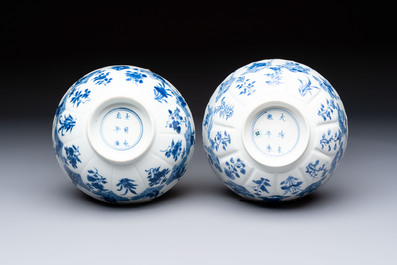 Two Chinese blue and white 'immortals' bowls, Chenghua and Kangxi mark, Kangxi