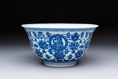 A Chinese blue and white 'Wan Shou Wu Jiang 萬壽無疆' bowl, Qianlong mark and of the period
