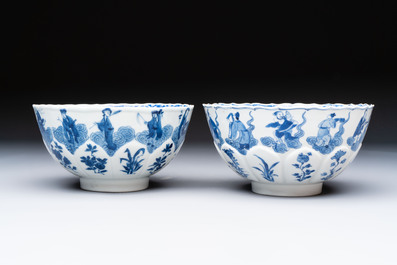 Two Chinese blue and white 'immortals' bowls, Chenghua and Kangxi mark, Kangxi