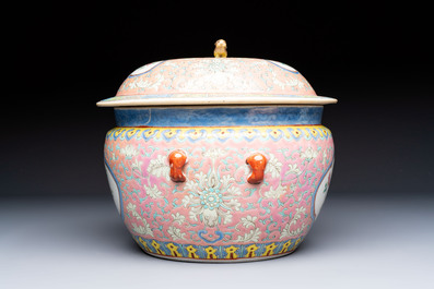 A Chinese famille rose pink-ground 'kamcheng' bowl and cover for the Straits or Peranakan market, on a wooden stand, 19th C.