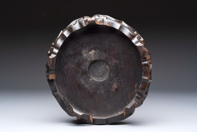 A Chinese famille rose pink-ground 'kamcheng' bowl and cover for the Straits or Peranakan market, on a wooden stand, 19th C.