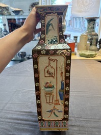 A pair of Chinese famille rose relief-moulded rectangular 'antiquities' vases, 19th C.