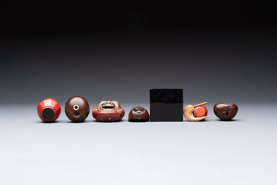 Two Japanese lacquer inro, a pipe and seven netsuke, some signed, Edo/Meiji, 18/19th C.