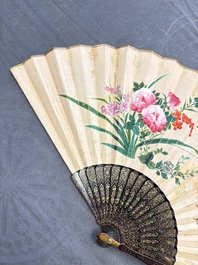 Two Chinese Canton gilt-lacquered and painted paper fans, one with its original box, 19th C.