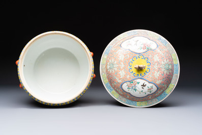A Chinese famille rose pink-ground 'kamcheng' bowl and cover for the Straits or Peranakan market, on a wooden stand, 19th C.