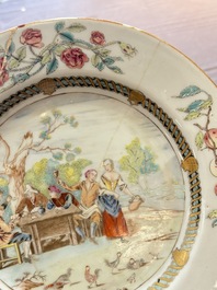 A Chinese famille rose 'card-players' plate, a pattipan and a grisaille saucer, Qianlong