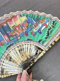 A Chinese Canton gilt-lacquered and painted paper fan with its original box, 19th C.