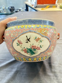 A Chinese famille rose pink-ground 'kamcheng' bowl and cover for the Straits or Peranakan market, on a wooden stand, 19th C.