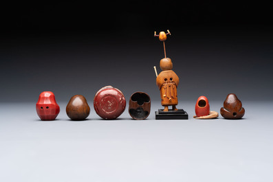 Two Japanese lacquer inro, a pipe and seven netsuke, some signed, Edo/Meiji, 18/19th C.