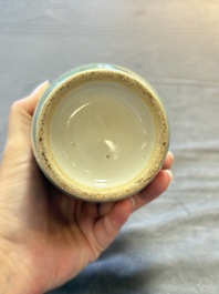 A Chinese flamb&eacute;-glazed cylindrical jardini&egrave;re and two celadon-glazed vases, 19th C.