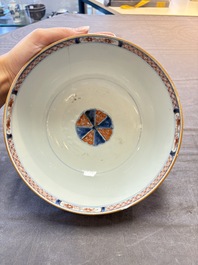 Seven Chinese Imari-style and famille rose bowls with floral and figural designs, 18th C.