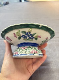 A pair of Chinese famille rose 'mandarin ducks in a lotus pond' Bencharong  tazzas for the Thai market, 19th C.