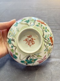 Seven Chinese famille rose bowls with floral design, various marks, 19/20th C.