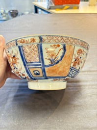 Seven Chinese Imari-style and famille rose bowls with floral and figural designs, 18th C.