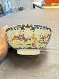 Seven Chinese Imari-style and famille rose bowls with floral and figural designs, 18th C.