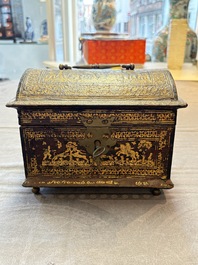 A Flemish gilt-tooled leather casket with hunting scenes, probably Antwerp, early 17th C.