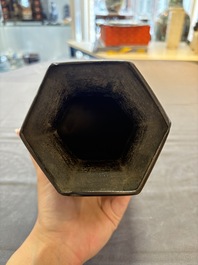 A rare Chinese hexagonal archaistic bronze vase with flame design, Song/Yuan