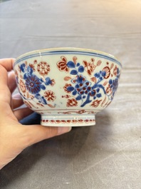 Seven Chinese Imari-style and famille rose bowls with floral and figural designs, 18th C.