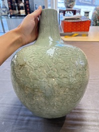 A Chinese celadon-glazed 'lotus scroll' globular vase mounted as lamp, 19th C.