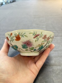 Seven Chinese famille rose bowls with floral design, various marks, 19/20th C.