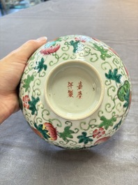 Seven Chinese famille rose bowls with floral design, various marks, 19/20th C.
