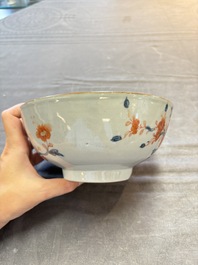 Seven Chinese Imari-style and famille rose bowls with floral and figural designs, 18th C.