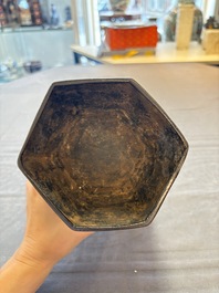 A rare Chinese hexagonal archaistic bronze vase with flame design, Song/Yuan