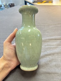 A Chinese flamb&eacute;-glazed cylindrical jardini&egrave;re and two celadon-glazed vases, 19th C.