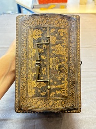 A Flemish gilt-tooled leather casket with hunting scenes, probably Antwerp, early 17th C.
