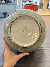 A Chinese celadon-glazed 'lotus scroll' globular vase mounted as lamp, 19th C.