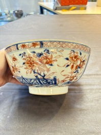 Seven Chinese Imari-style and famille rose bowls with floral and figural designs, 18th C.
