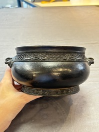 A Chinese bronze censer with 'tianji' handles and kuilong design, Xuande mark, 18/19th C.