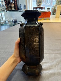 A rare Chinese hexagonal archaistic bronze vase with flame design, Song/Yuan