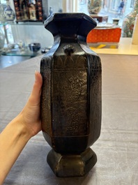 A rare Chinese hexagonal archaistic bronze vase with flame design, Song/Yuan